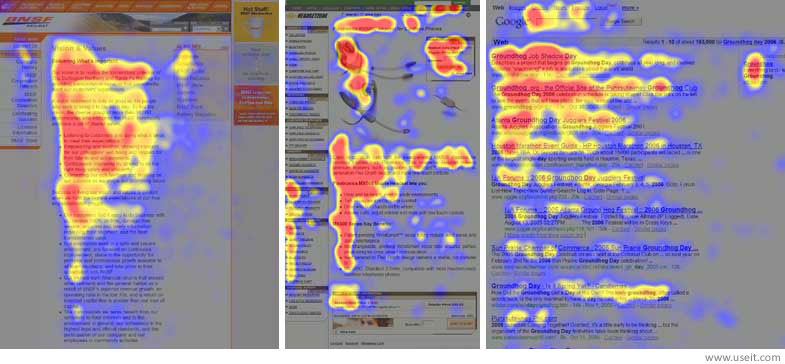 Heatmaps von Eyetracking-Studien zweier Websites und den Google Suchergebnissen: Betrachtungsfokus stets in Form eines Dreieckes