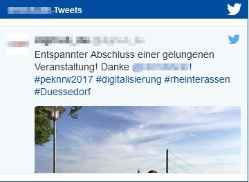 Die Tweets werden über die einzubindende Twitter-API eingeblendet, über die die Darstellung und die Funktionalität definiert werden.