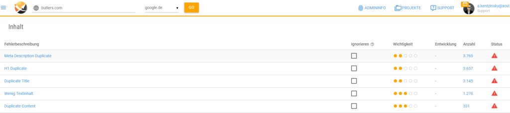 Screenshot Onpage Analyse des Butlers Online Shop mit der XOVI Suite für den Bereich Inhalt