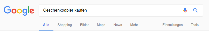Screenshot von Suchanfrage Google mit Keyword Geschenkpapier kaufen