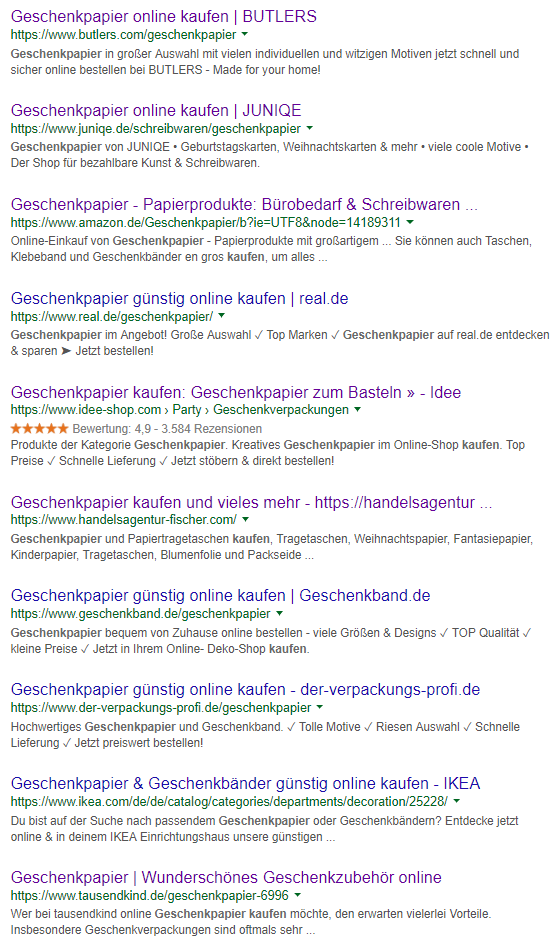 Screenshot Seite 1 der Google Suchergebnisse zum Keyword Geschenkpapier kaufen