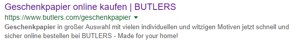 Screenshot des Snippets von Position 1 der Suchergebnisse zum Keyword Geschenkpapier kaufen
