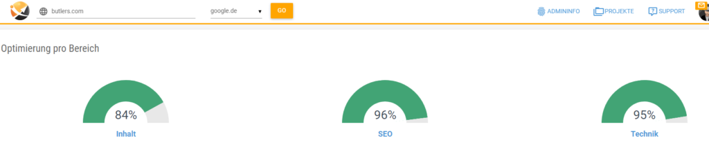Screenshot der Onpage Analyse Optimierungsgrad Butlers Online Shop