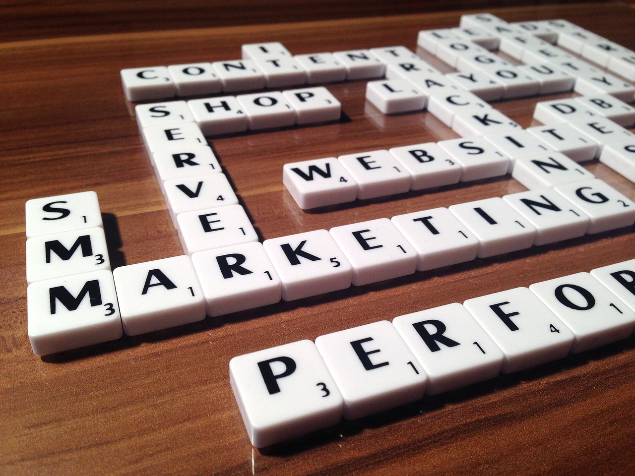 Schlagwörter zum Thema Content-Marketing mit Scrabble-Steinen zusammengelegt