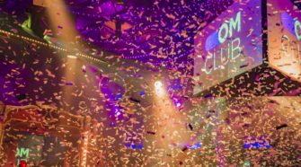 Foto zum OMClub mit feiernden Gästen und Konfetti
