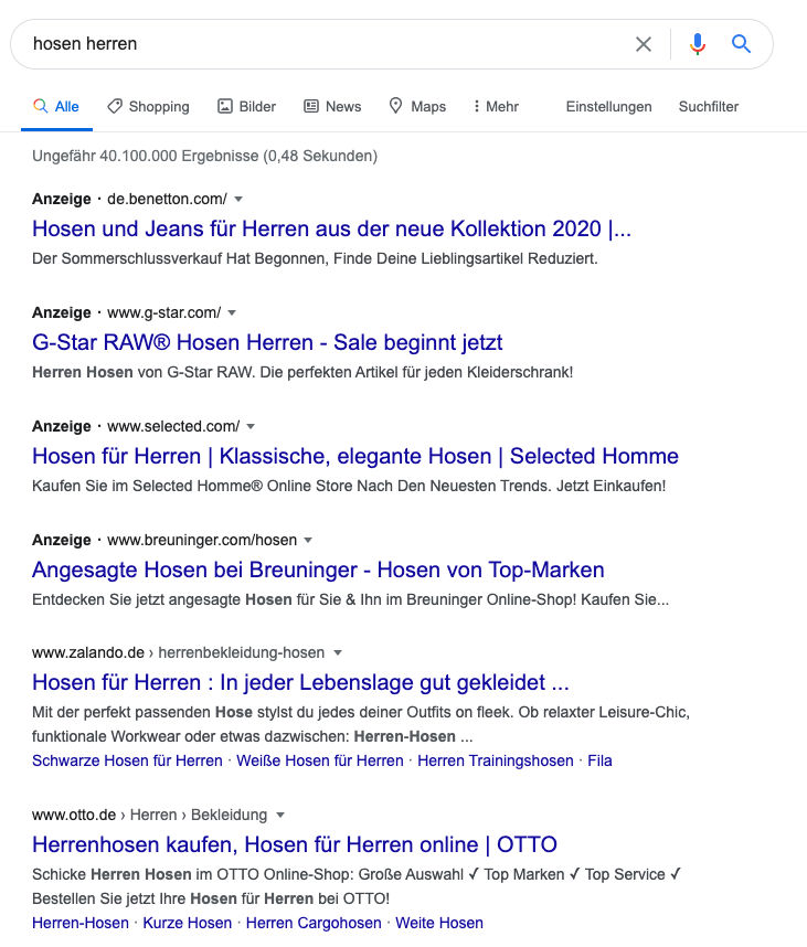 E-Commerce SEO, Suchergebnisse Google Herren Hosen