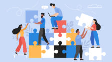 Composable Commerce People searching for creative solutions. Teamwork business concept. Modern vector illustration of people connecting puzzle elements