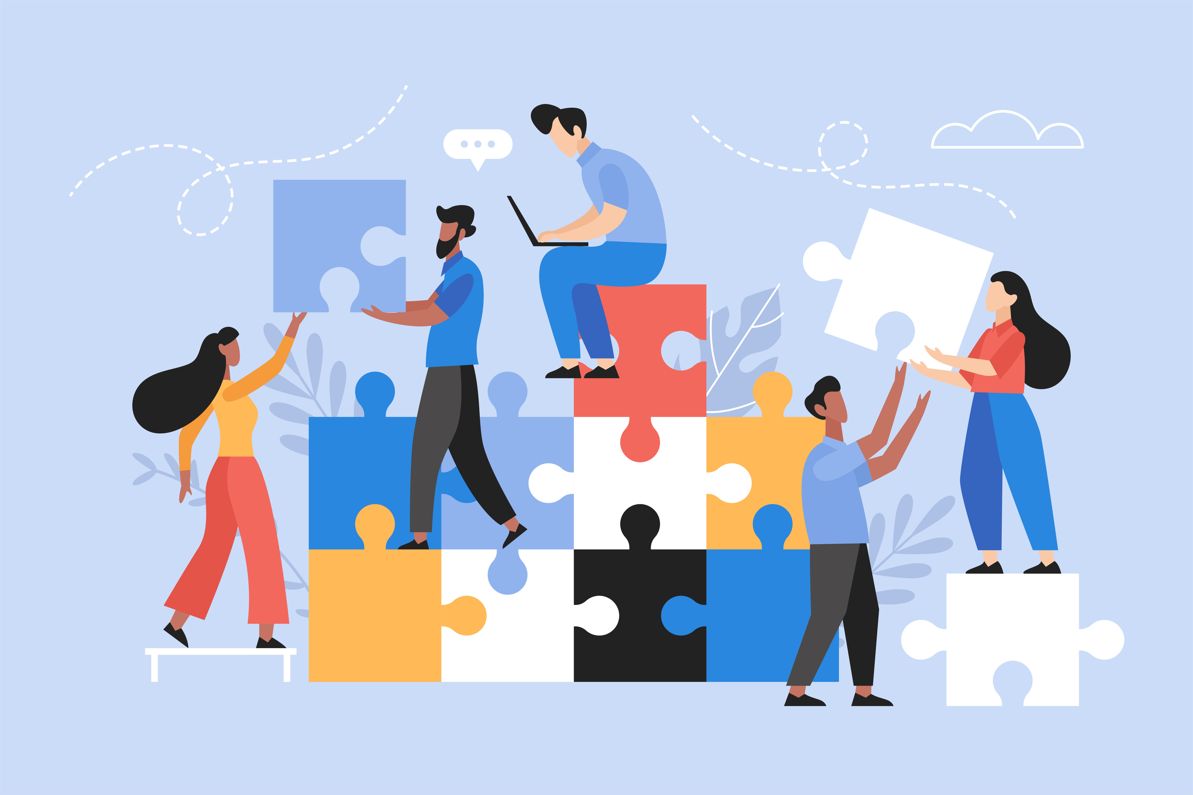 Composable Commerce People searching for creative solutions. Teamwork business concept. Modern vector illustration of people connecting puzzle elements