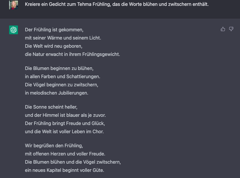 Screenshot von einem generierten Gedicht von ChatGPT