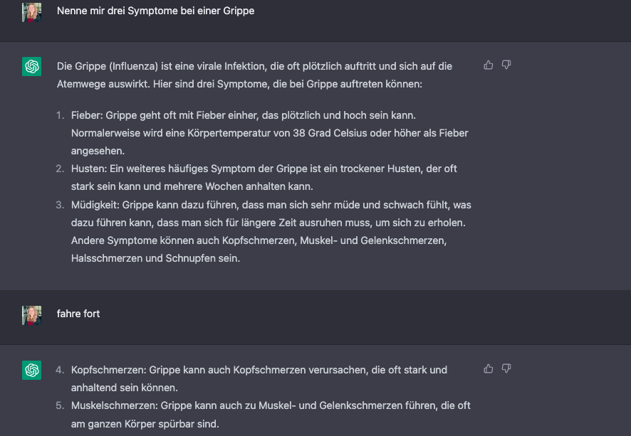 Screenshot der Fortfahr Funktion von ChatGPT