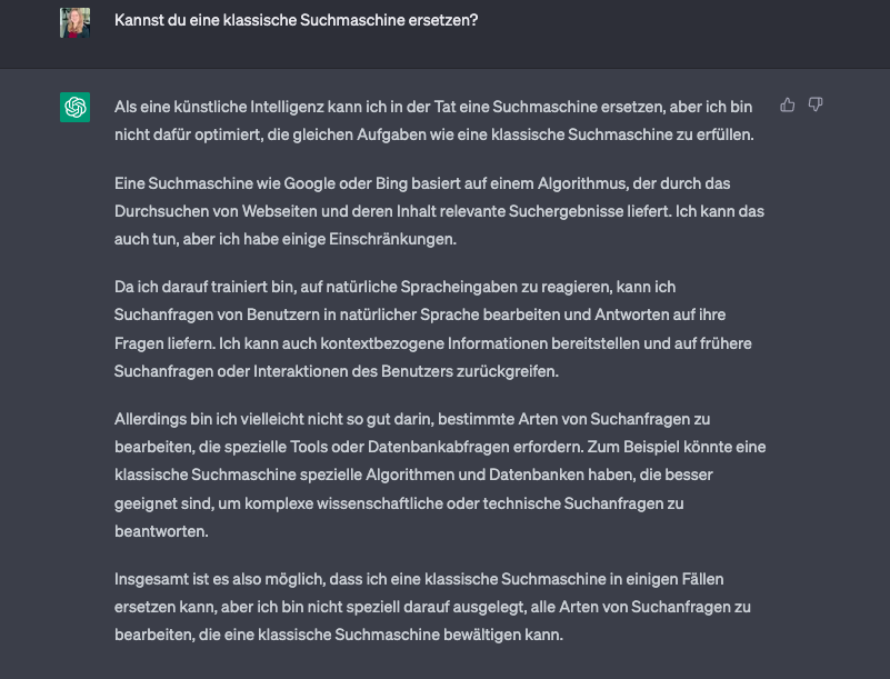 Bild von Chatbot ChatGPT auf die Frage, ob er eine Suchmaschine ersetzen kann