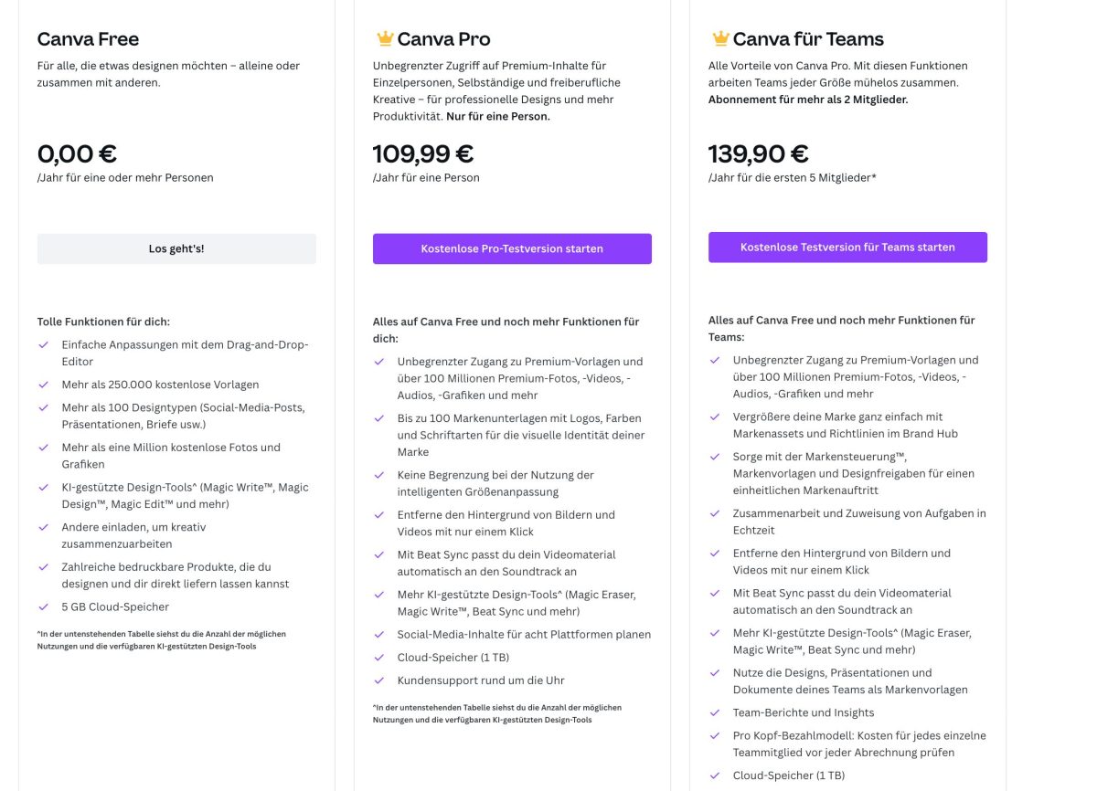 Screenshot von allen Canva Funktionen