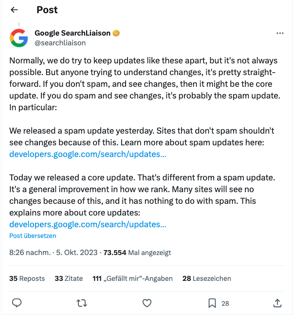 Google informiert per Tweet zum October 2023 Core Update 