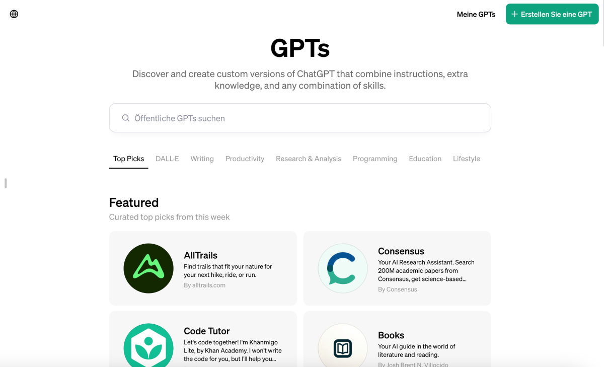 Der ChatGPT Store schlägt beliebte GPTs vor